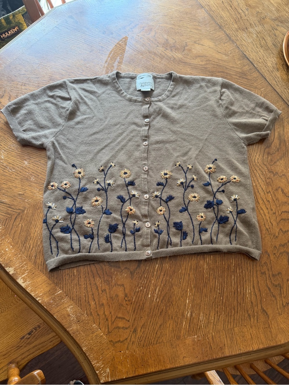 Christopher & Banks Short-Sleeve Floral Embroidered Cardigan - Taupe/Blue